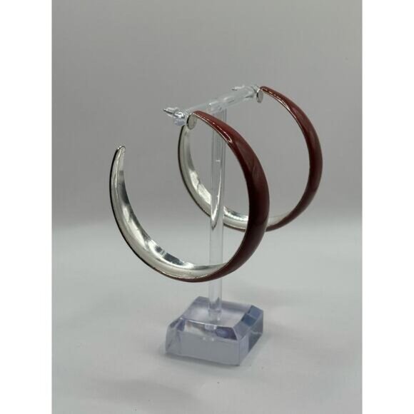 Maroon Silver Open C Hoop Earrings Pierced Post Back Modern Lightweight - Picture 2 of 5